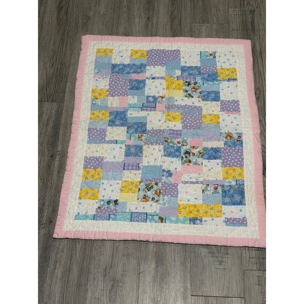 Handmade Patchwork Quilt Kids 31x38 2006 Teddy Bear Pastel Pink Blue Yellow
